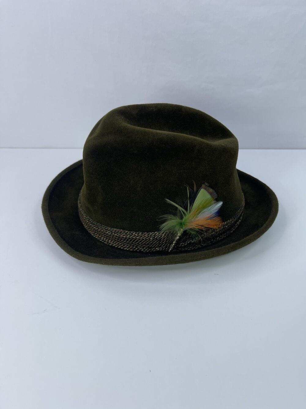 Vintage Portis Beaver Blend Velour Fedora Hat Olive Green Feather Sz 7 1/4